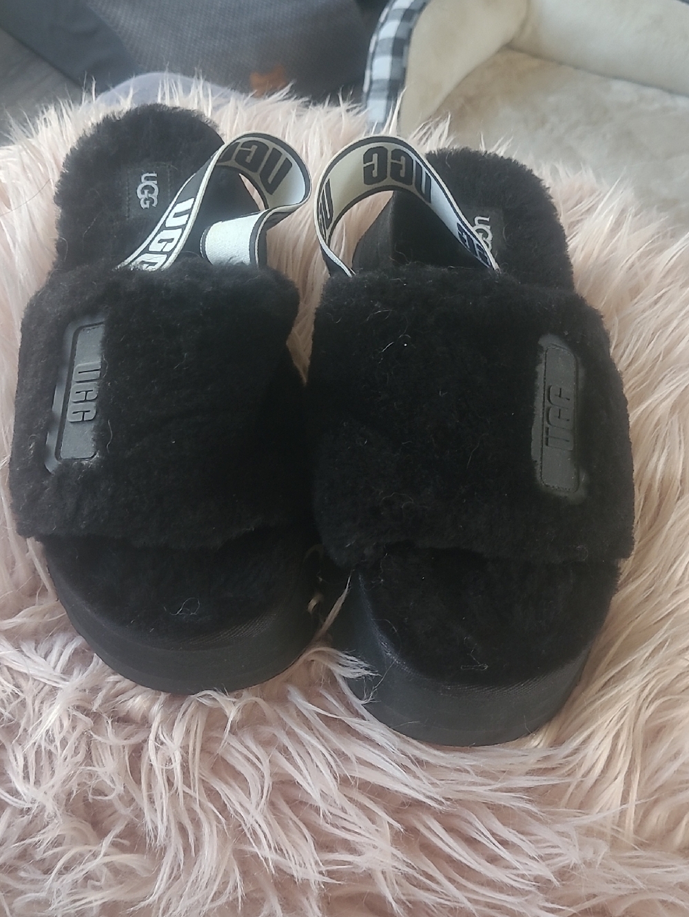 UGG Black Fluffy Slingback Slide Sandals